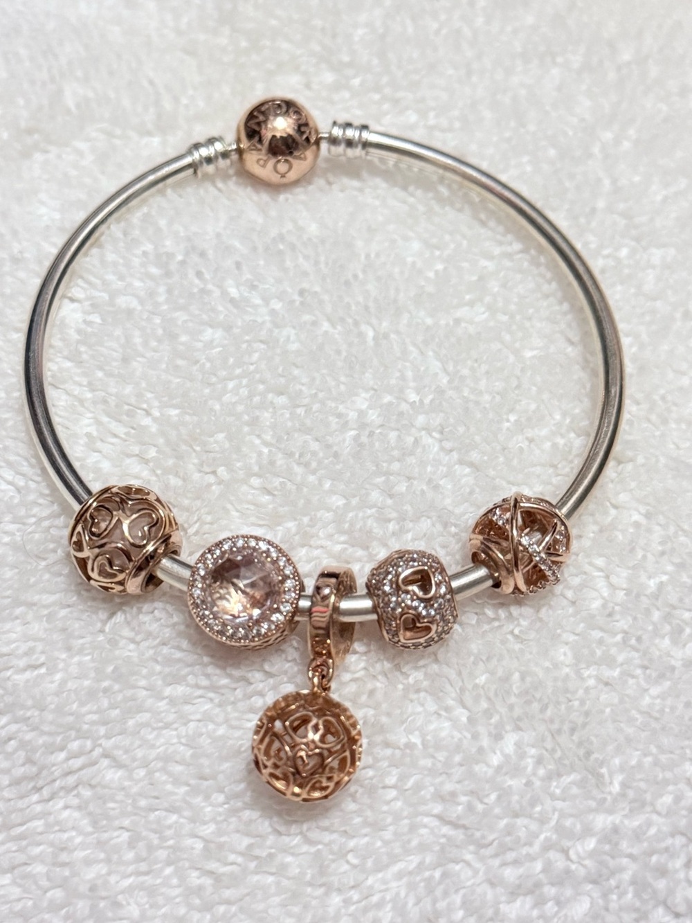 Pandora Silver Bangle Bracelet with Rose Gold Charms